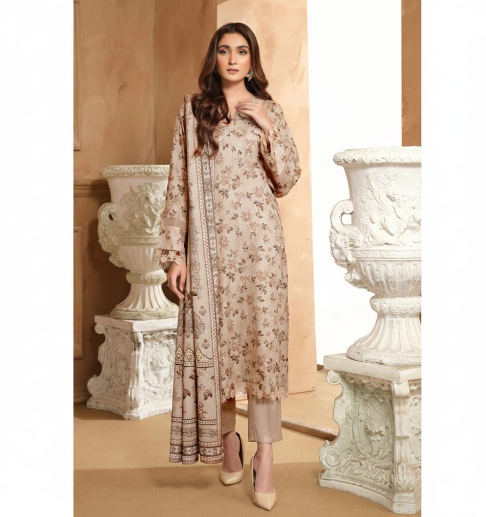 Beige Floral Embroidered Suit 3_PC