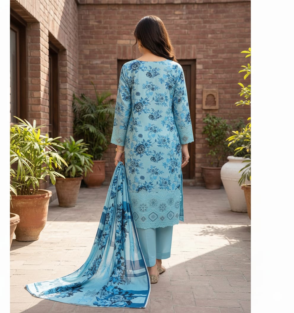 Blue Floral Printed Lawn Suit