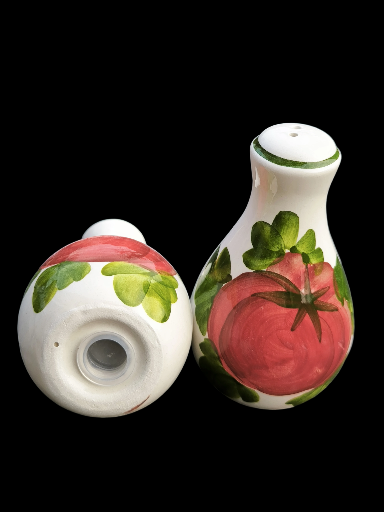 Saliera e pepiera in ceramica con pomodoro decorato - Ceramic salt and pepper shakers with decorated tomato