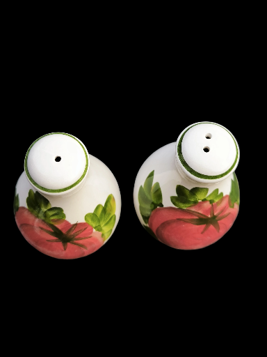 Saliera e pepiera in ceramica con pomodoro decorato - Ceramic salt and pepper shakers with decorated tomato