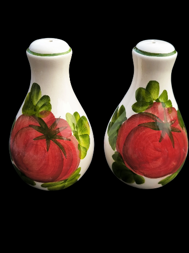 Saliera e pepiera in ceramica con pomodoro decorato - Ceramic salt and pepper shakers with decorated tomato