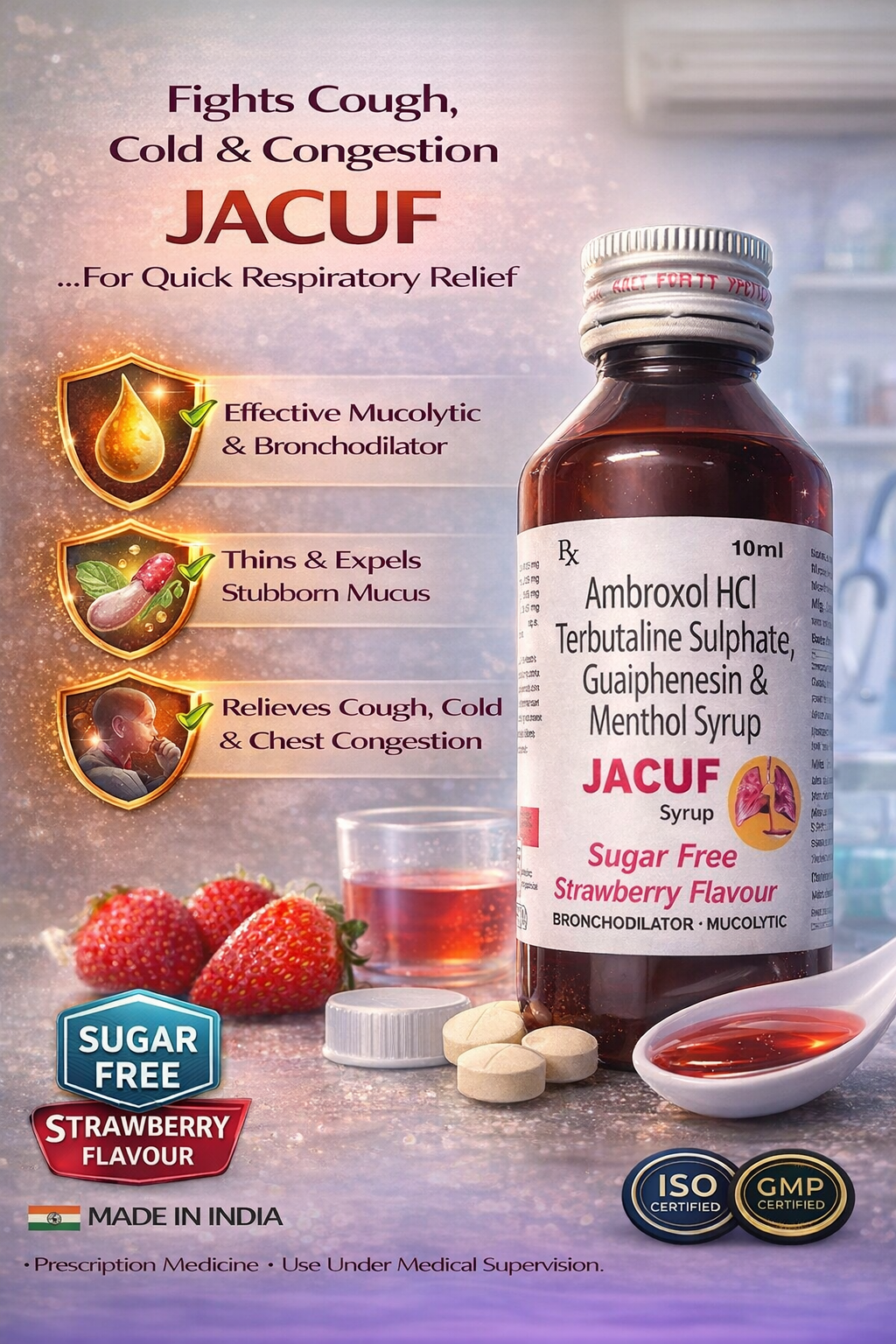 JACUF Syrup – Sugar Free Strawberry Flavour (Bronchodilator & Mucolytic)