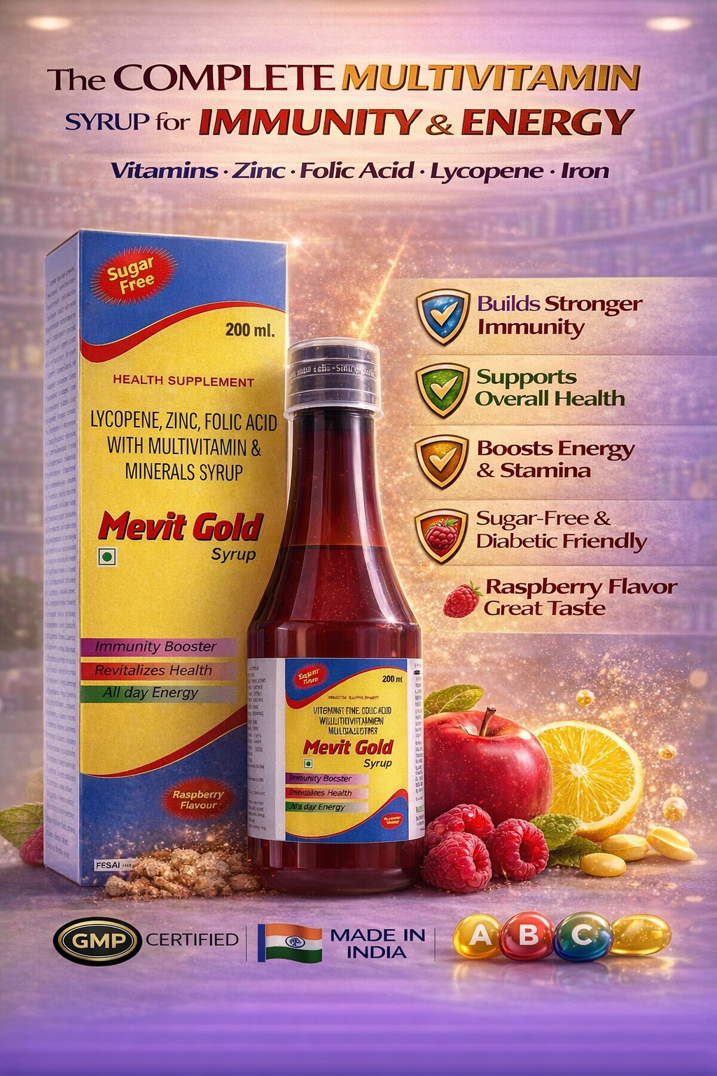 Mevit Gold Syrup – Multivitamin & Multimineral Health Supplement (Sugar Free)