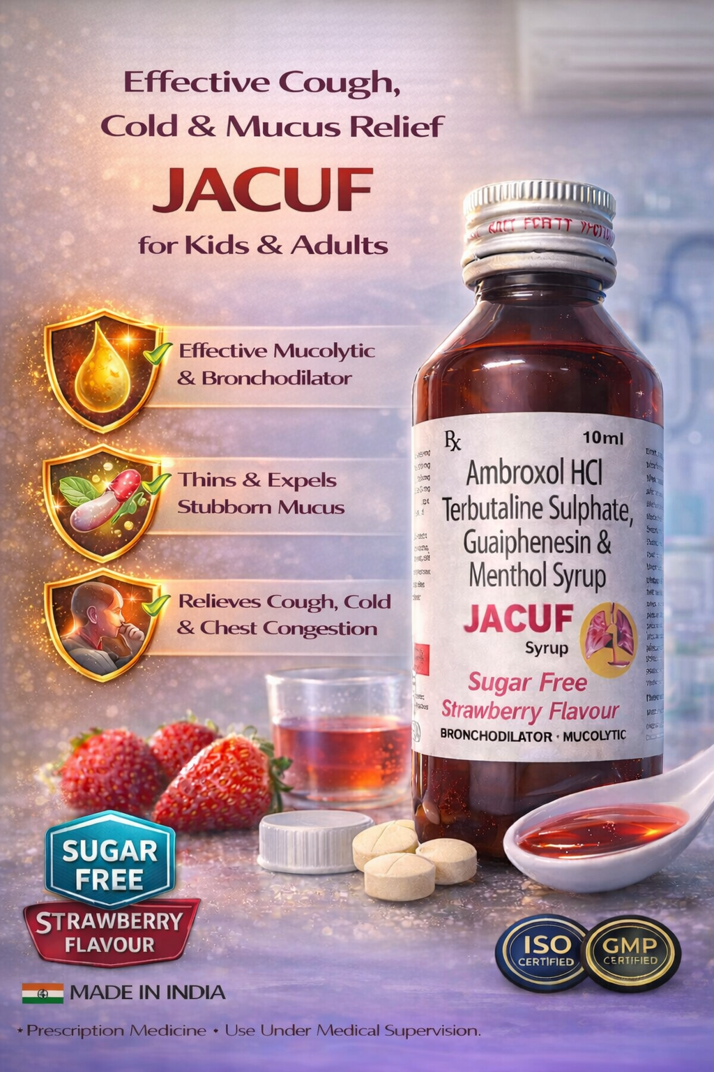 JACUF Syrup – Sugar Free Strawberry Flavour (Bronchodilator & Mucolytic)