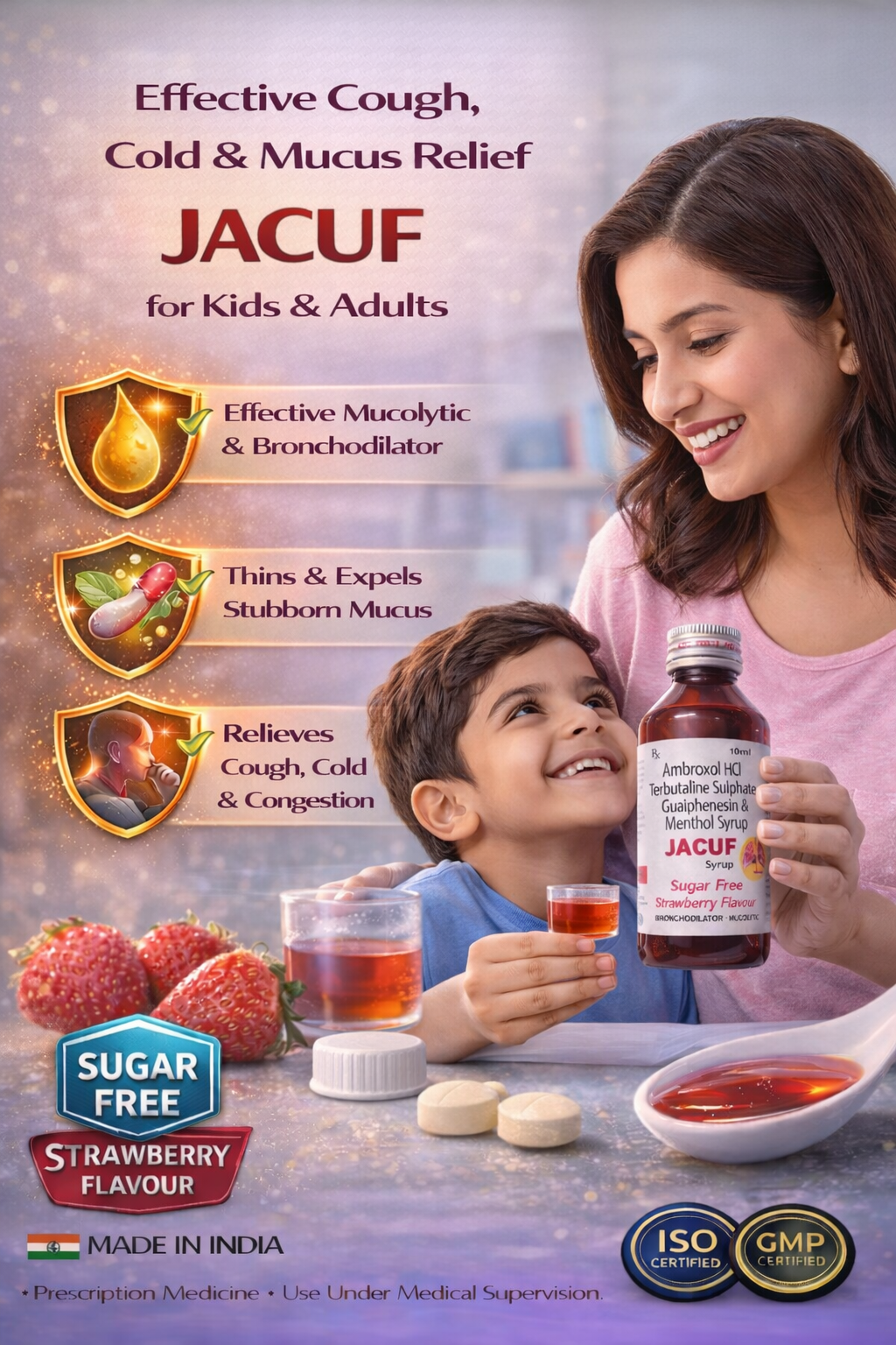 JACUF Syrup – Sugar Free Strawberry Flavour (Bronchodilator & Mucolytic)
