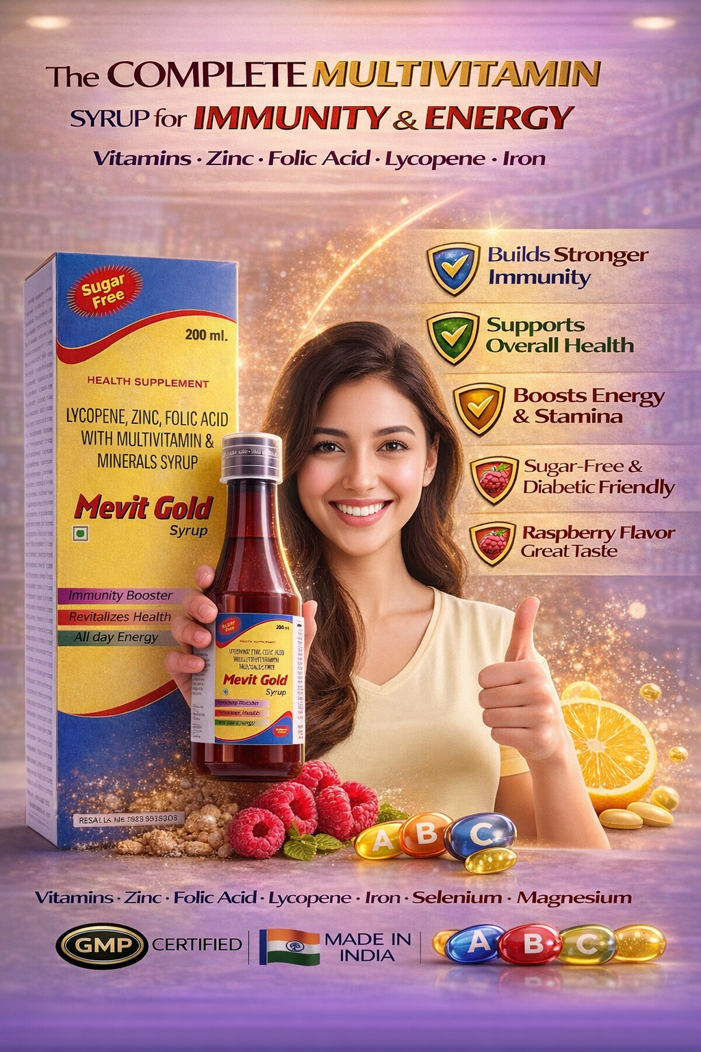 Mevit Gold Syrup – Multivitamin & Multimineral Health Supplement (Sugar Free)