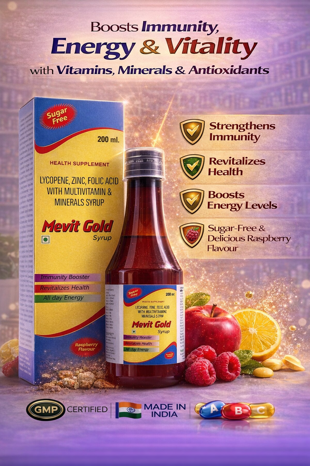 Mevit Gold Syrup – Multivitamin & Multimineral Health Supplement (Sugar Free)