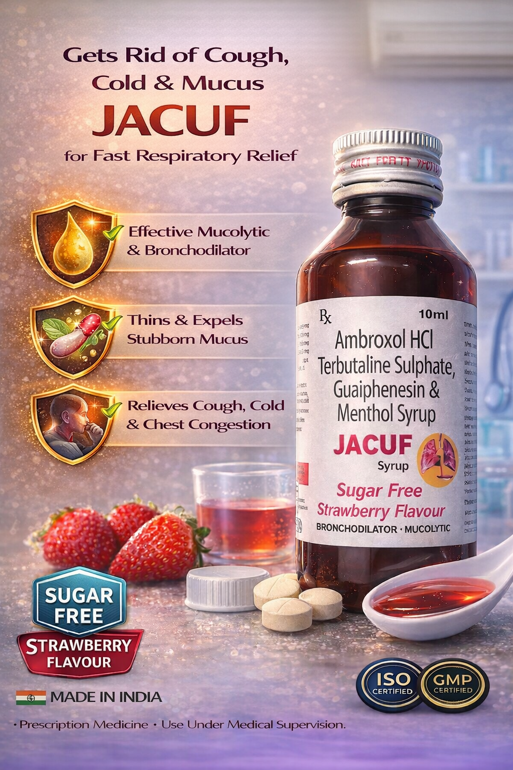 JACUF Syrup – Sugar Free Strawberry Flavour (Bronchodilator & Mucolytic)