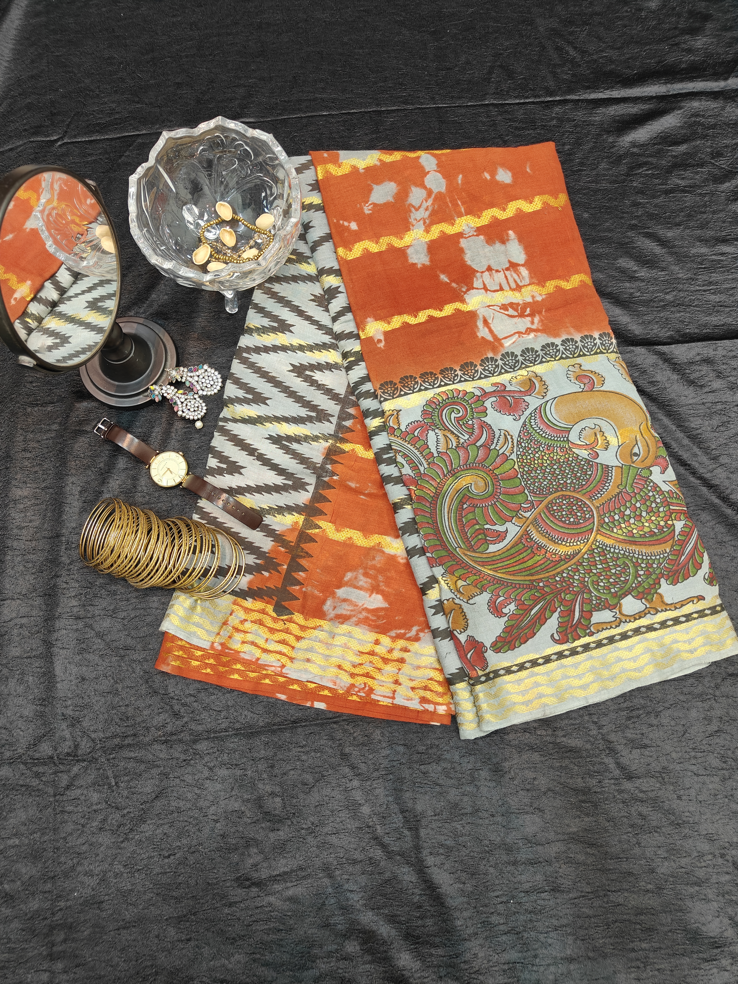Pure cotton Orange Saree in Kalamkari Designs