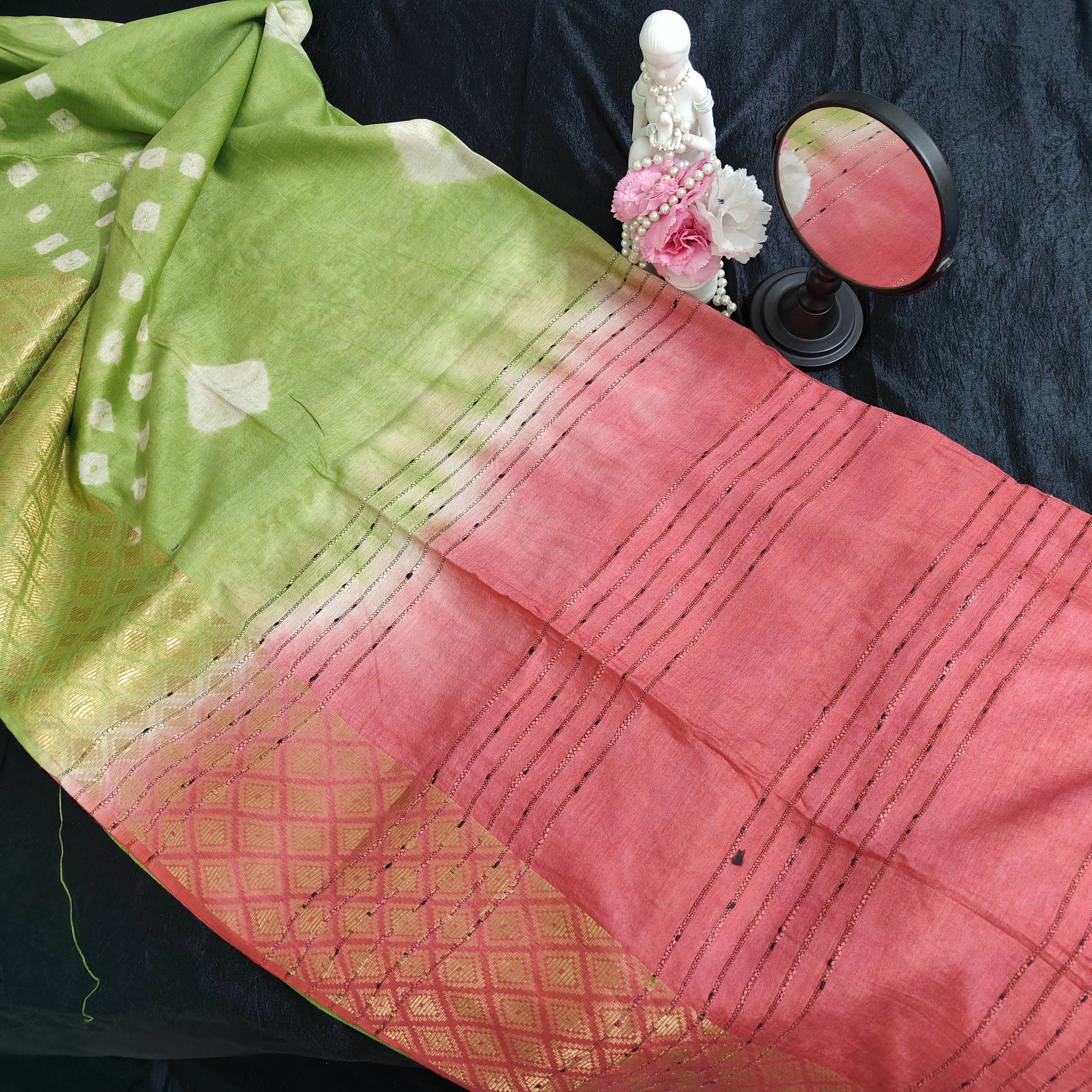 Elegant Green and Coral Silk cotton Saree