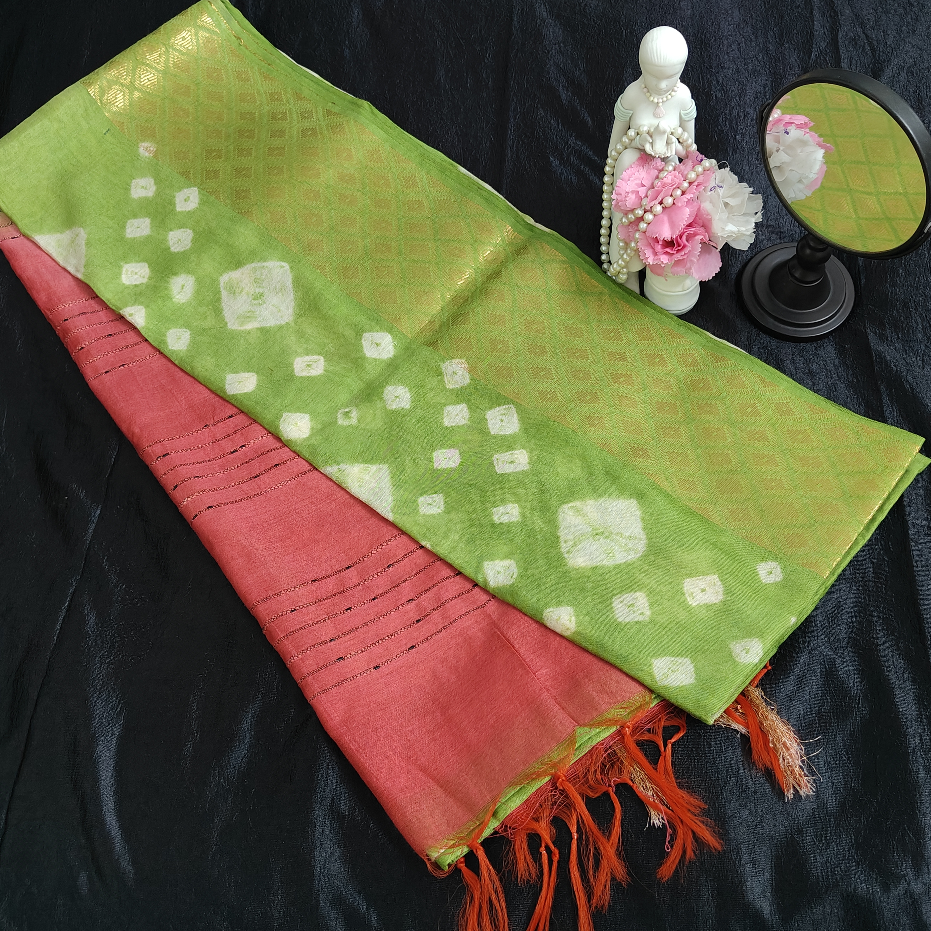 Elegant Green and Coral Silk cotton Saree