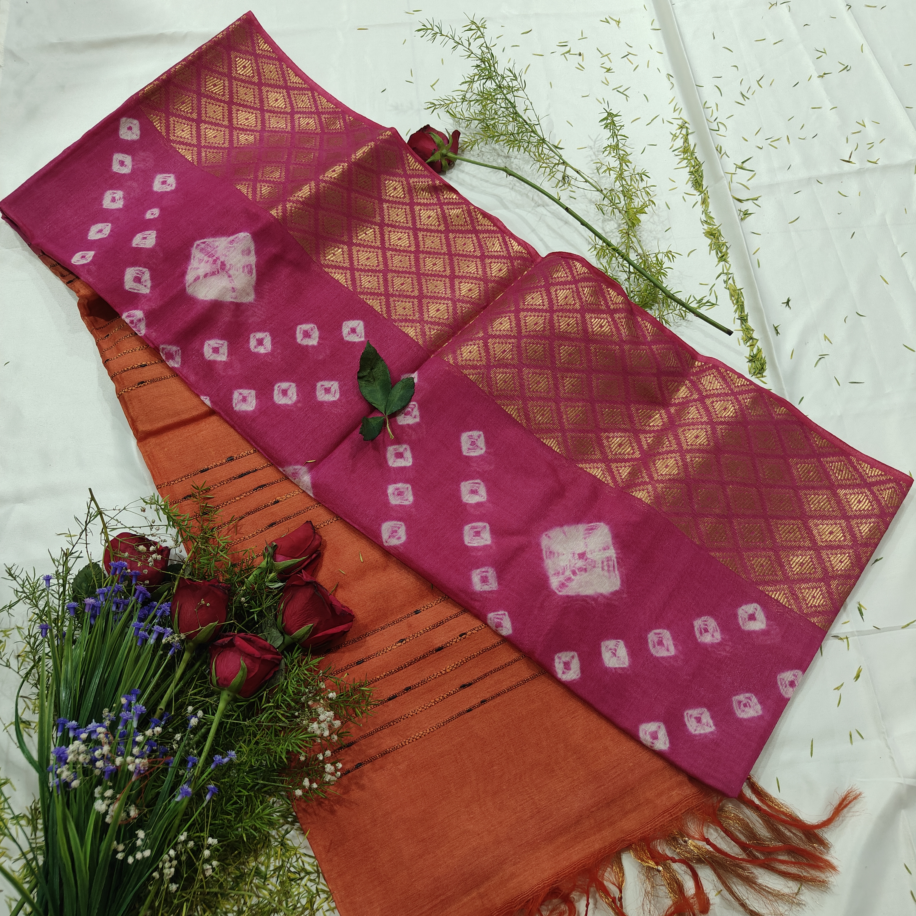 Deep Pink and Orange bhagalpuri woven saree
