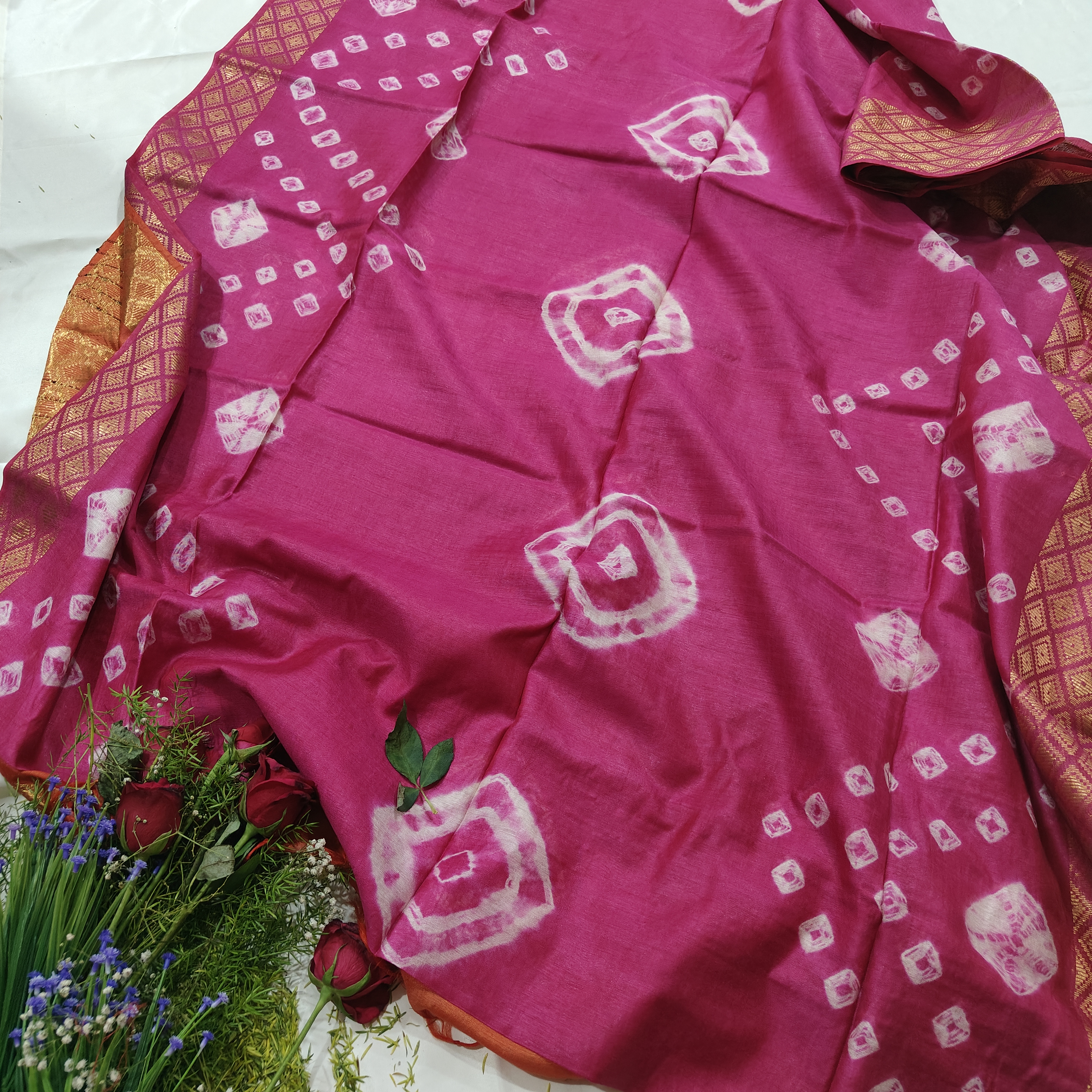Deep Pink and Orange bhagalpuri woven saree