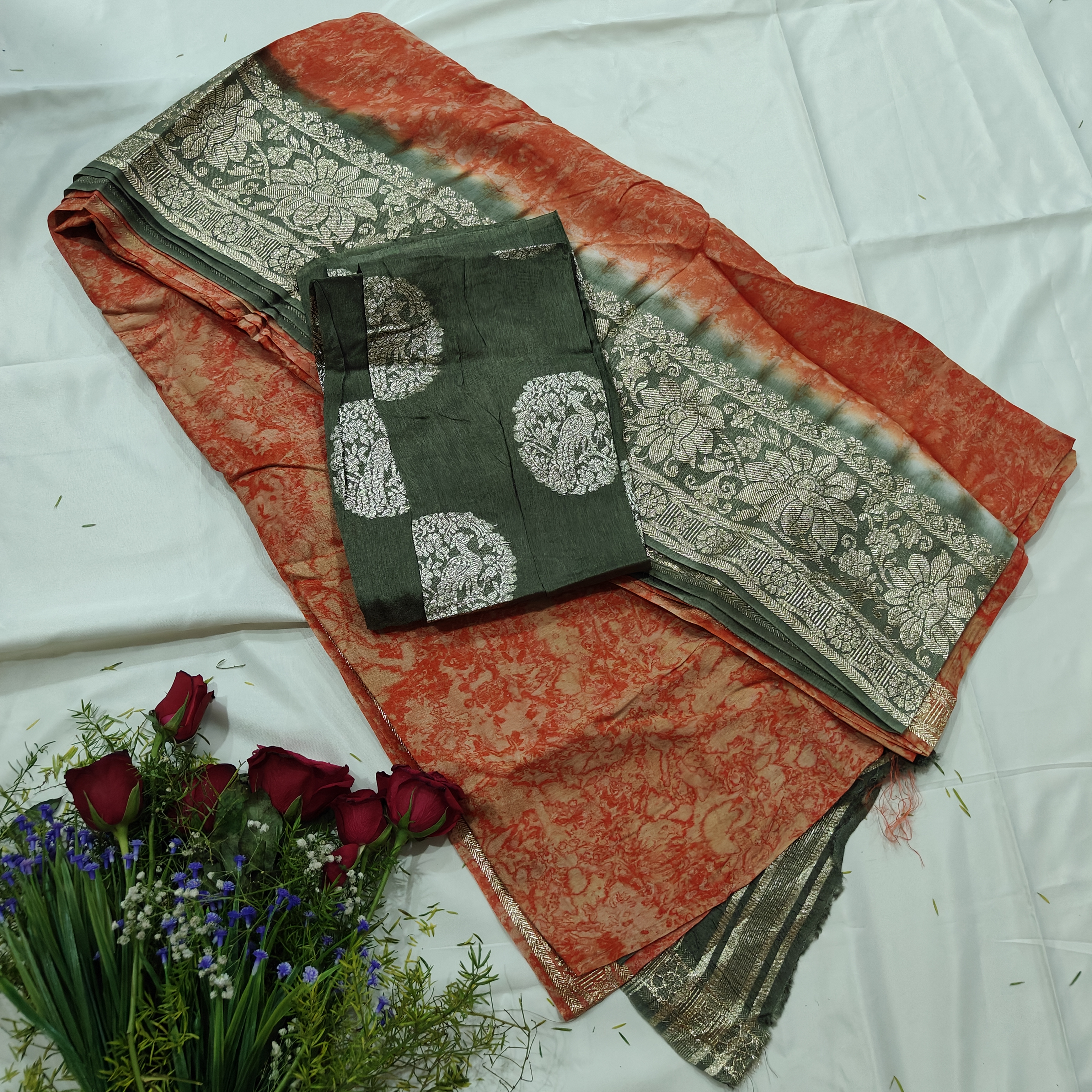 Floral Print Saree with Contrast Blouse