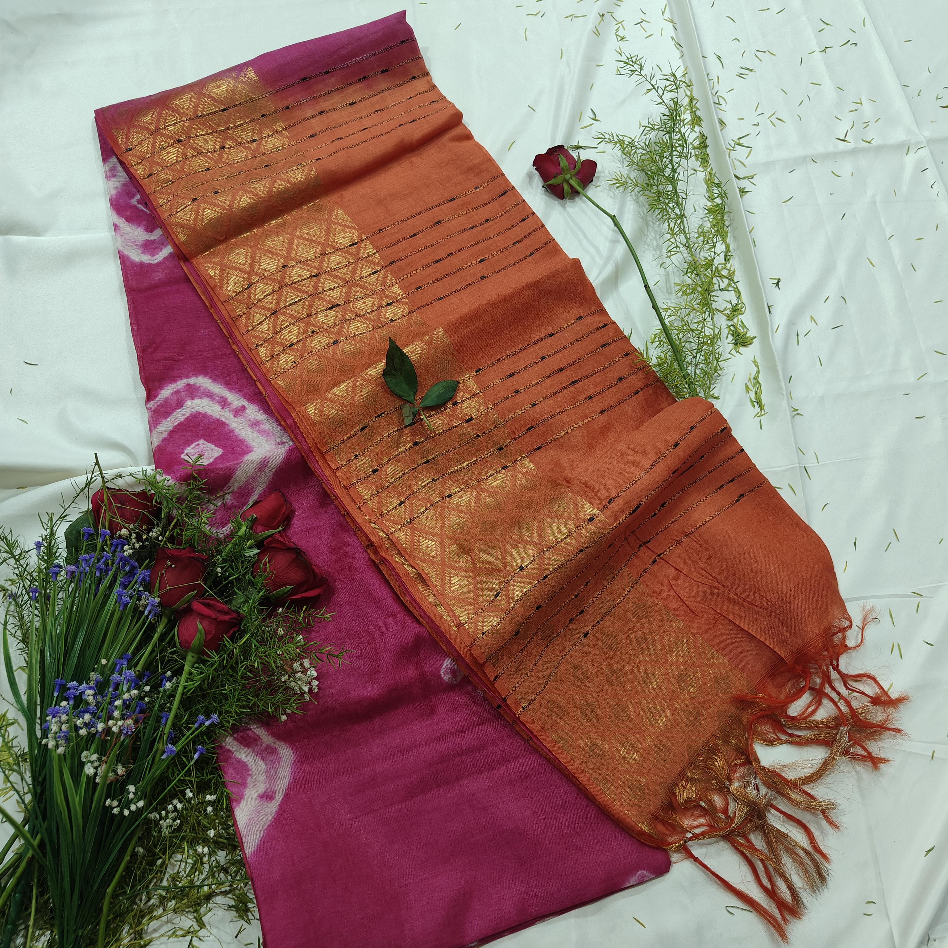 Deep Pink and Orange bhagalpuri woven saree