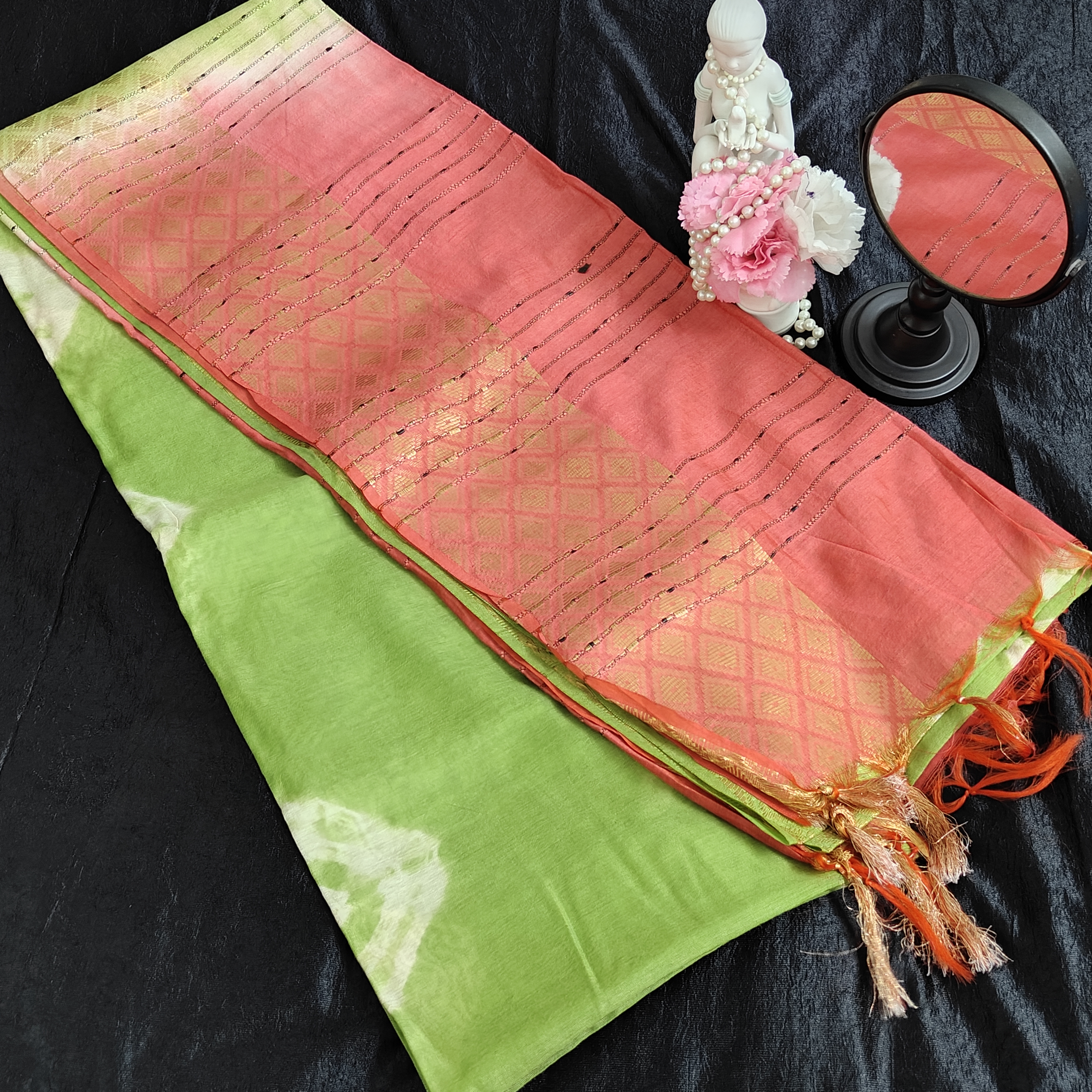 Elegant Green and Coral Silk cotton Saree