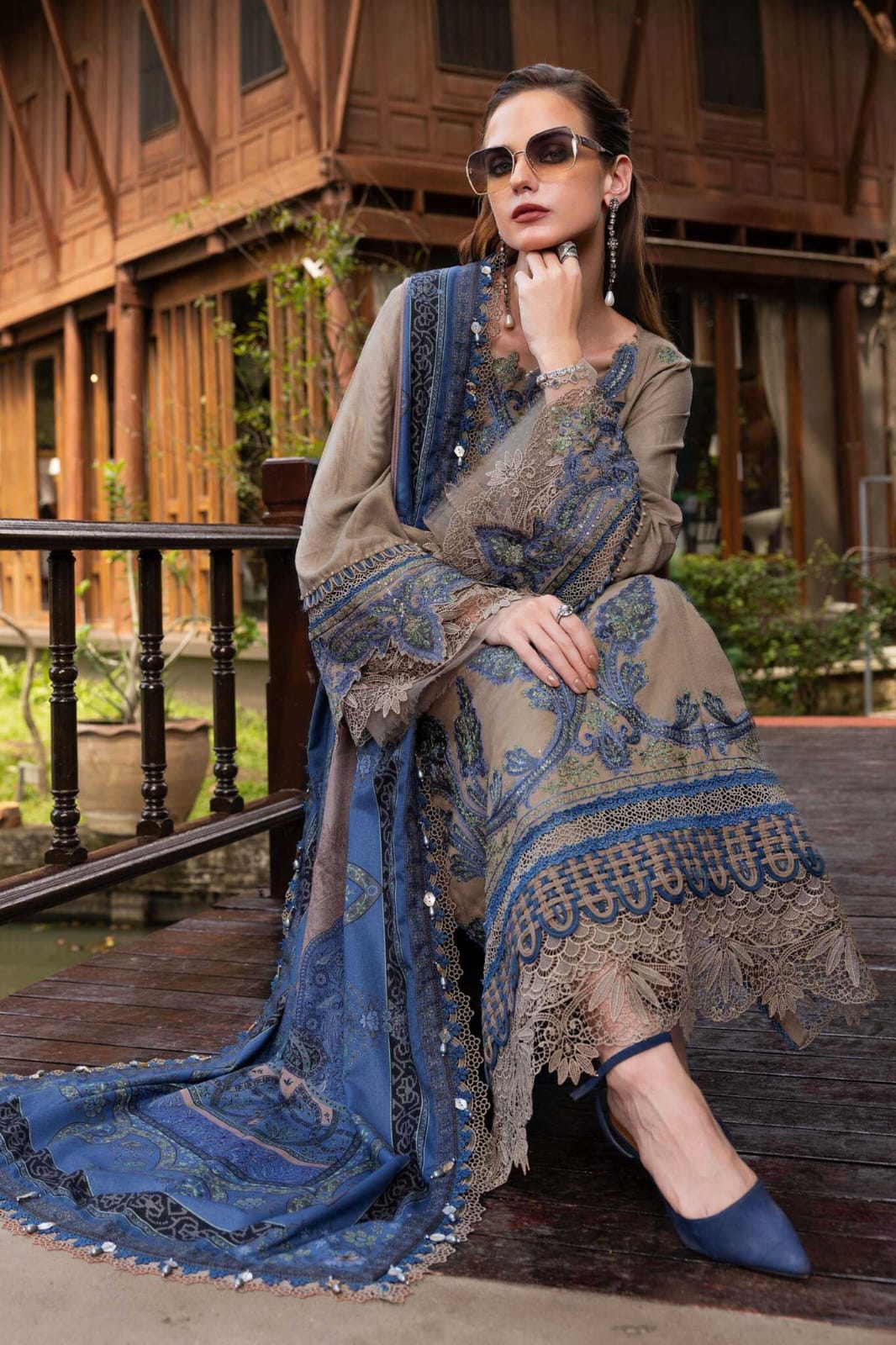 Elegant Blue Embroidered Chiffon Suit