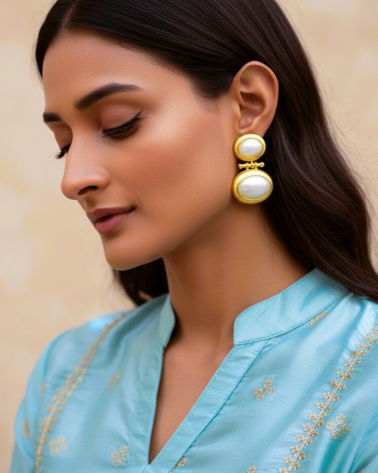 Pearl Double Drop Earrings Gold Plated Anti Tarnish Jewellery