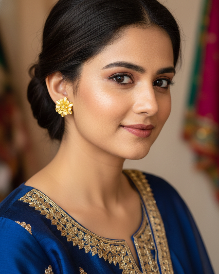 Double Layer Flower Design Ear Ring Gold Plated