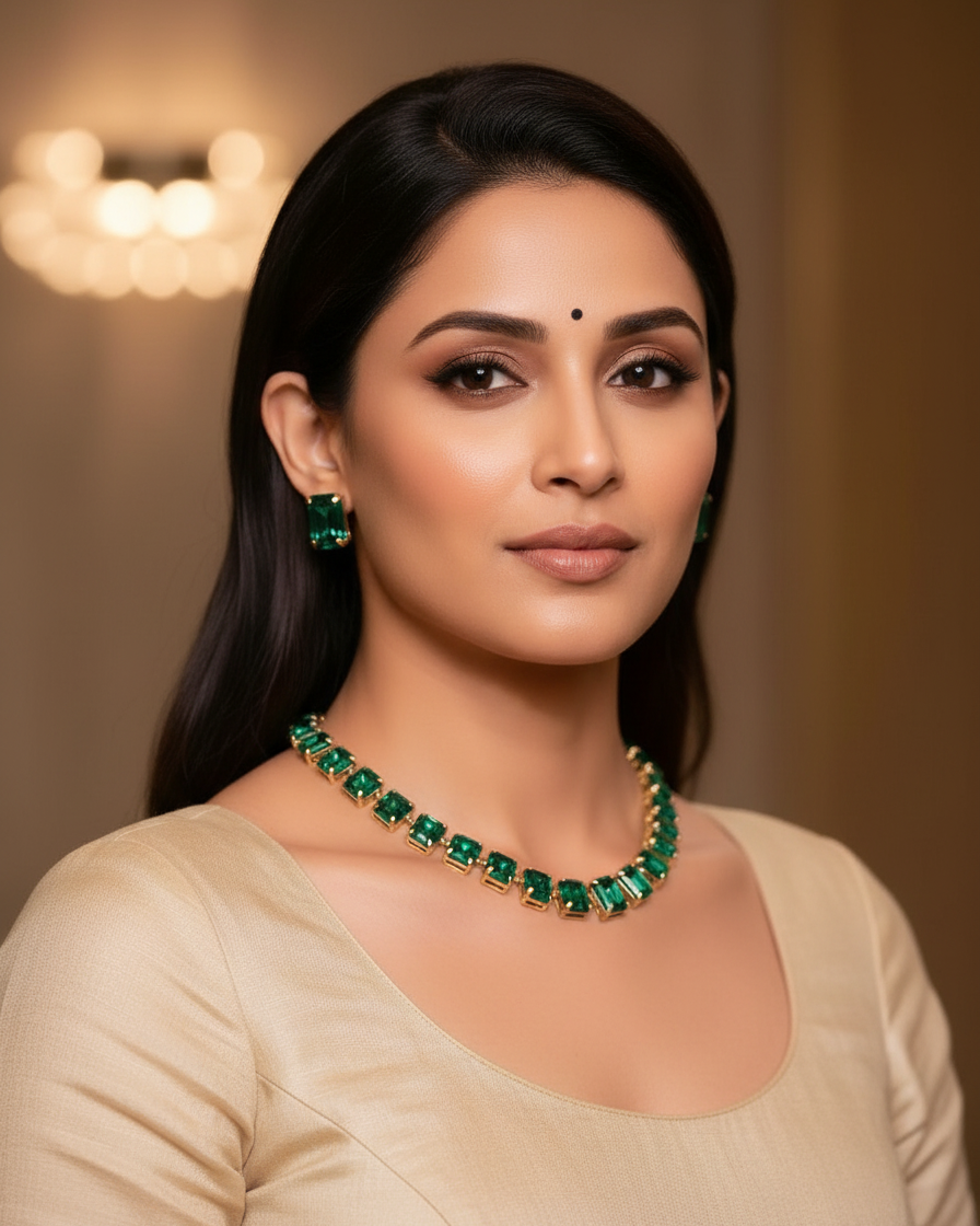 Emerald Green Square Stone Necklace Set