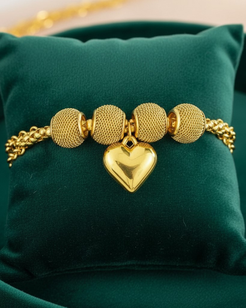 Ball Design Bracelet with Heart Pendant Gold Plated