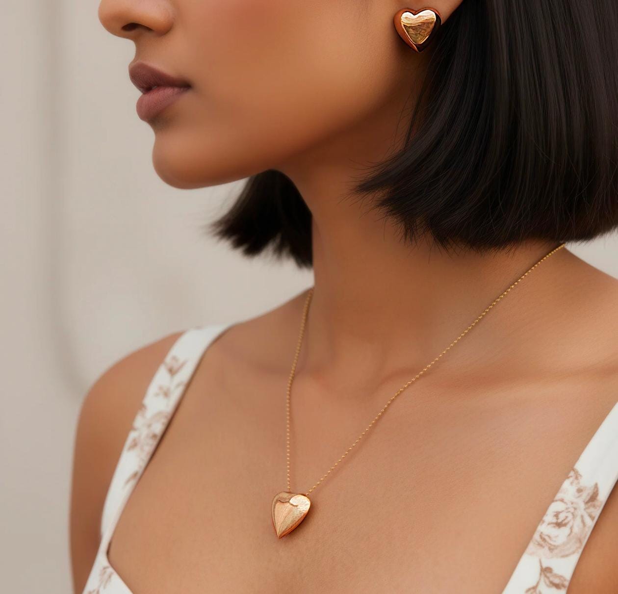 Gold Heart Pendant Necklace & Earrings Set