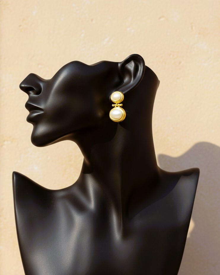 Pearl Double Drop Earrings Gold Plated Anti Tarnish Jewellery