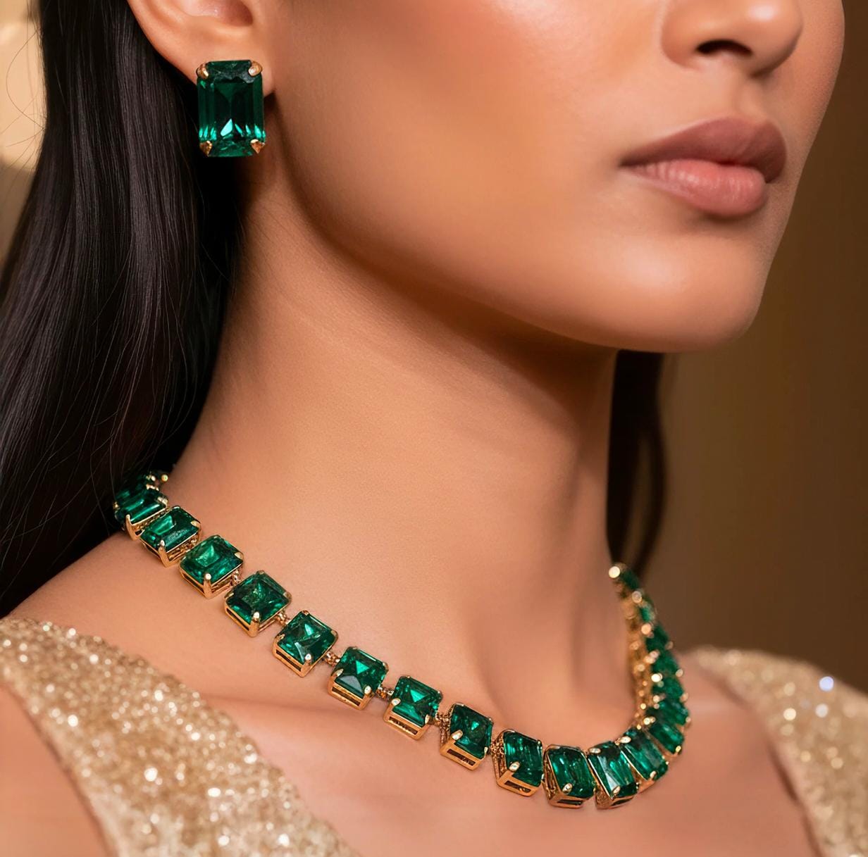 Emerald Green Square Stone Necklace Set