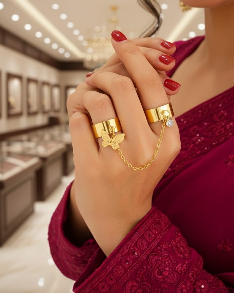  Butterfly Chain Gold Plated Ring Set