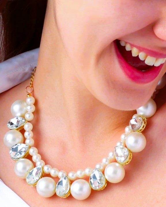 Pearl and Crystal Statement Necklace One Gram Gold Plated Jewellery