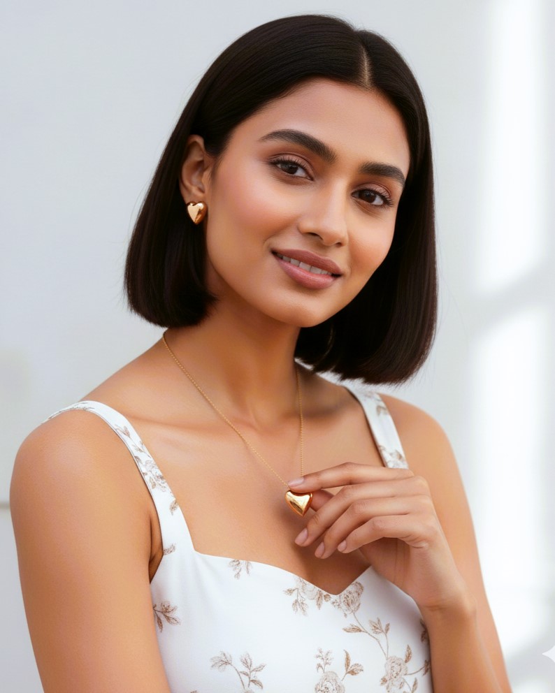 Gold Heart Pendant Necklace & Earrings Set