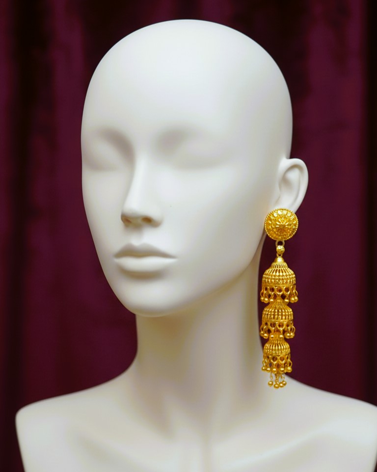 Triple Layer Gold Plated Jhumka Earrings