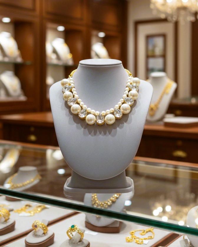 Pearl and Crystal Statement Necklace One Gram Gold Plated Jewellery