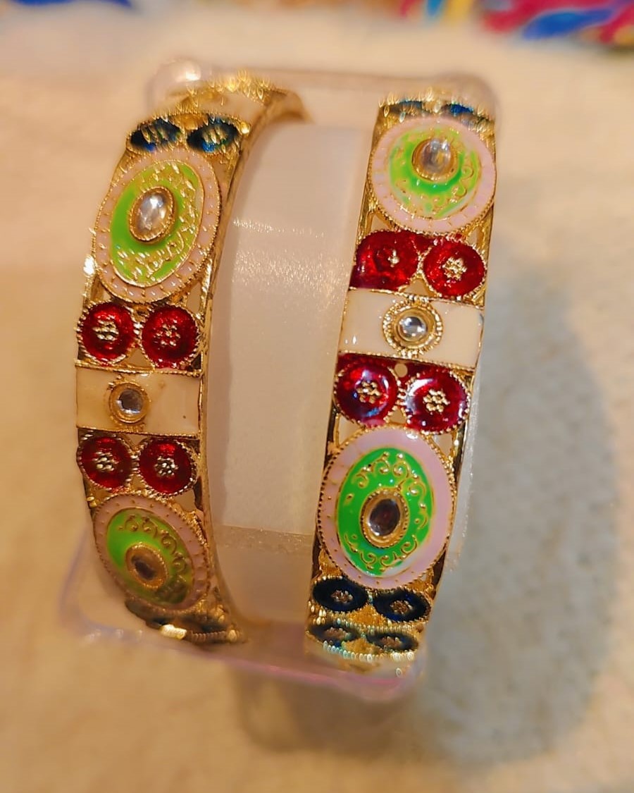 Meenakari Design One Gram Gold Plated Colorful Kundan Bangles seat of two