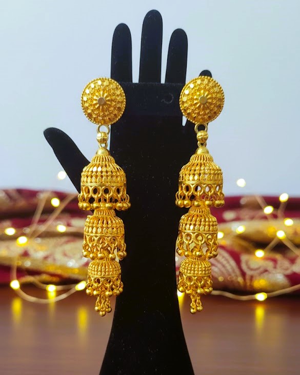 Triple Layer Gold Plated Jhumka Earrings