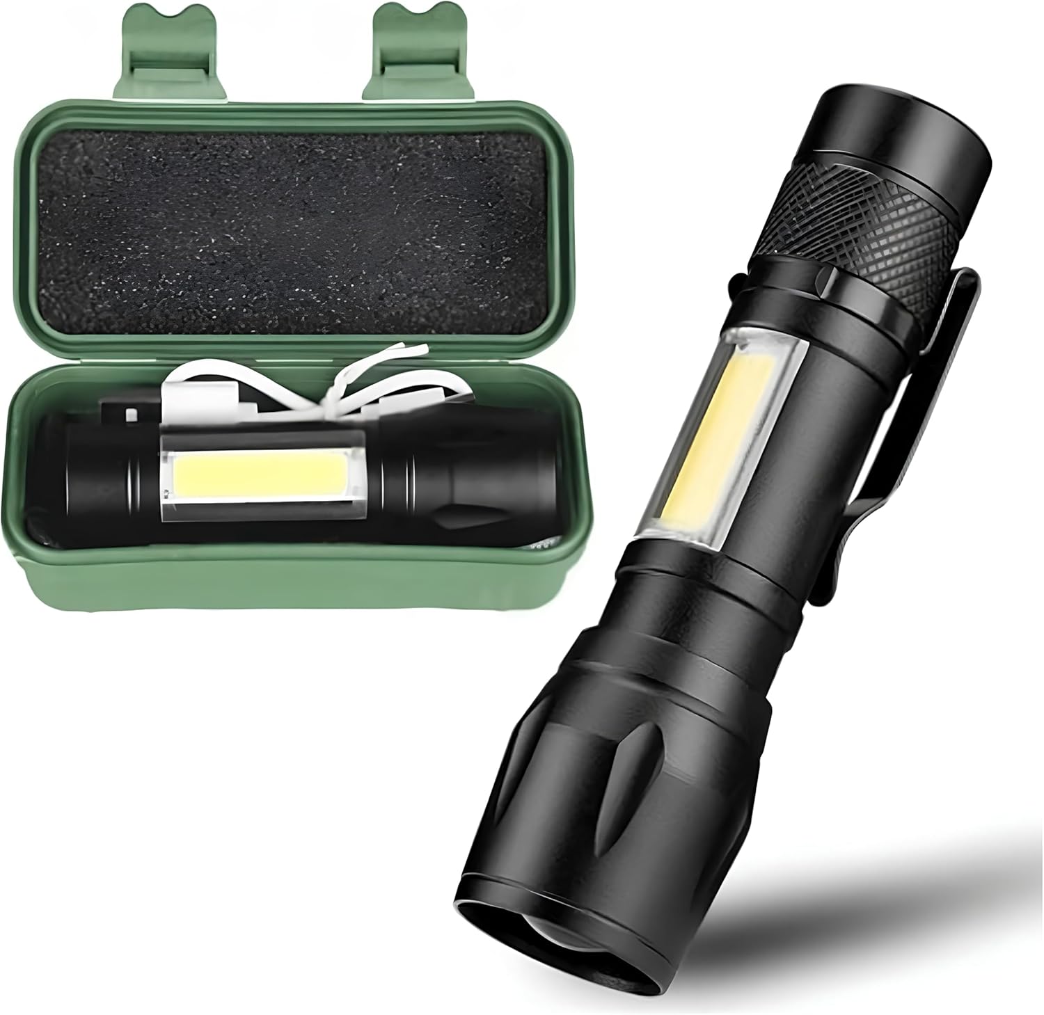 Mini Lanterna Tática LED Recarregável USB – Zoom Ajustável, Resistente à Água, com 3 Modos de Luz e Luz Lateral COB Ideal para Camping, Trilhas e Emergências Linha Premium