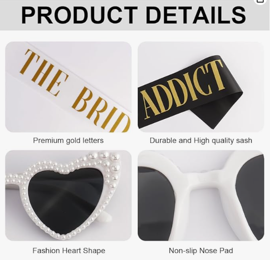 20 Pcs Bachelorette Party Sash/Heart Sunglasses Pearl 