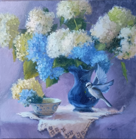 Hydrangeas & Blue Bird Still Life Painting