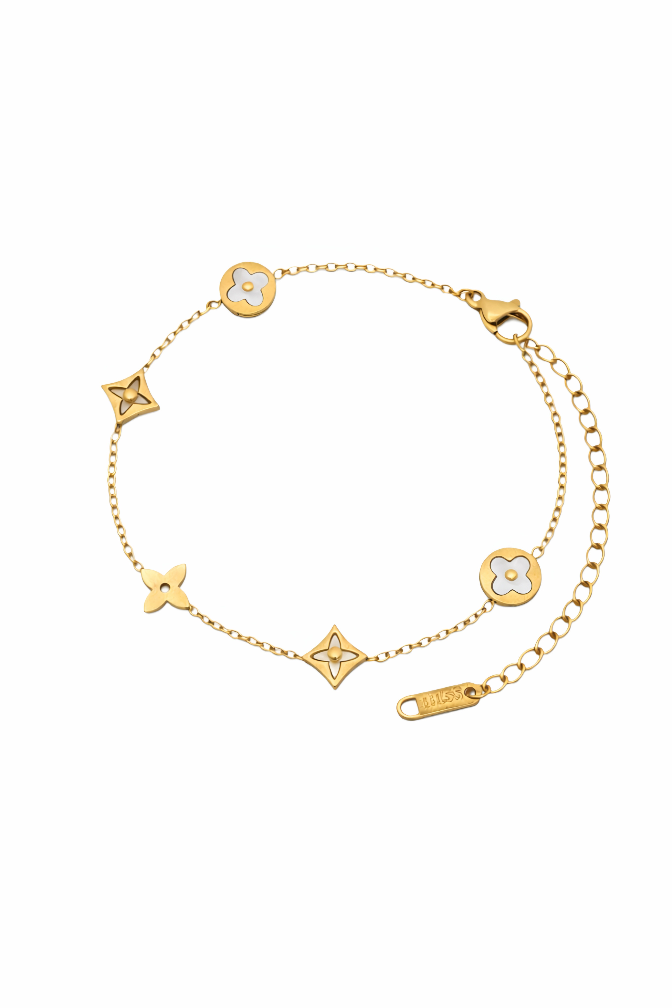 Bracelet with clovers and patterns filled with mother of pearl