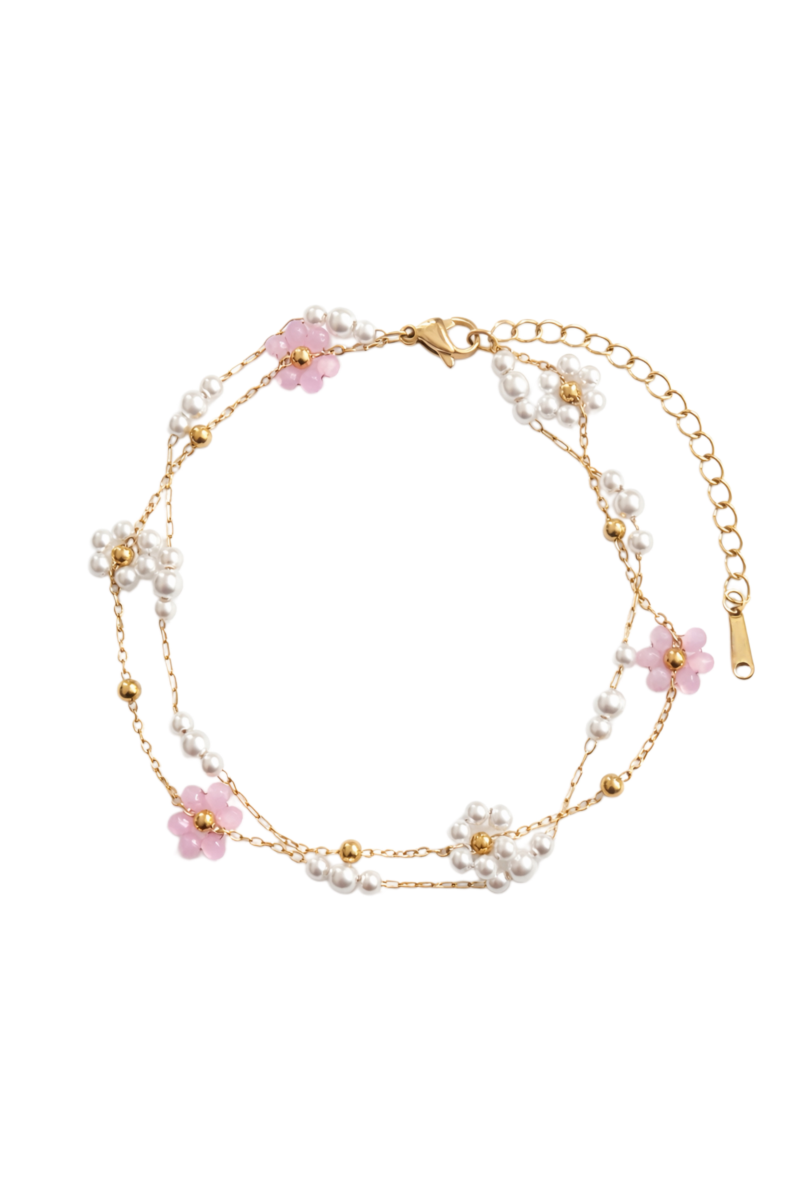 Anklet with pink pearl flowers