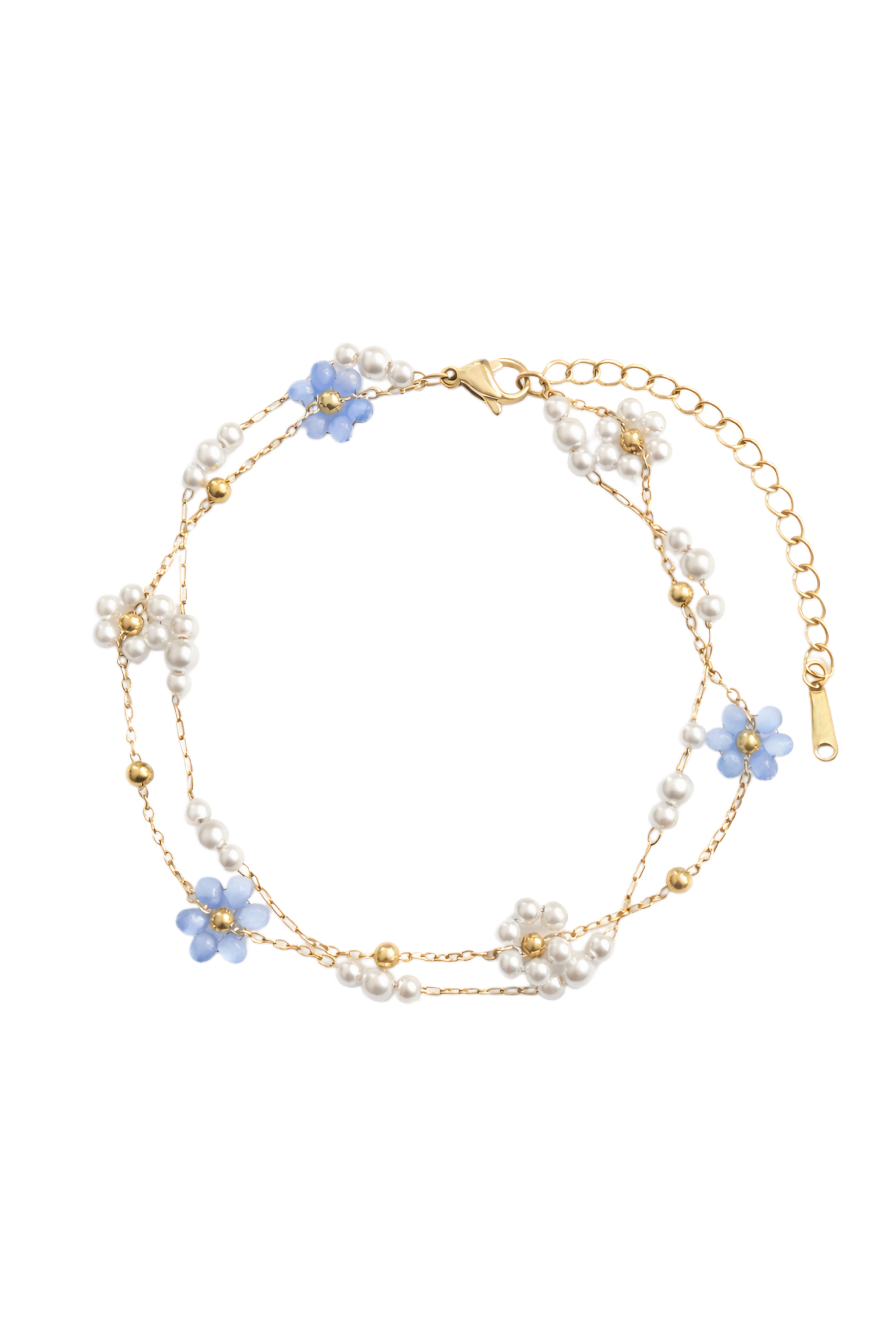 Anklet with blue pearl flowers
