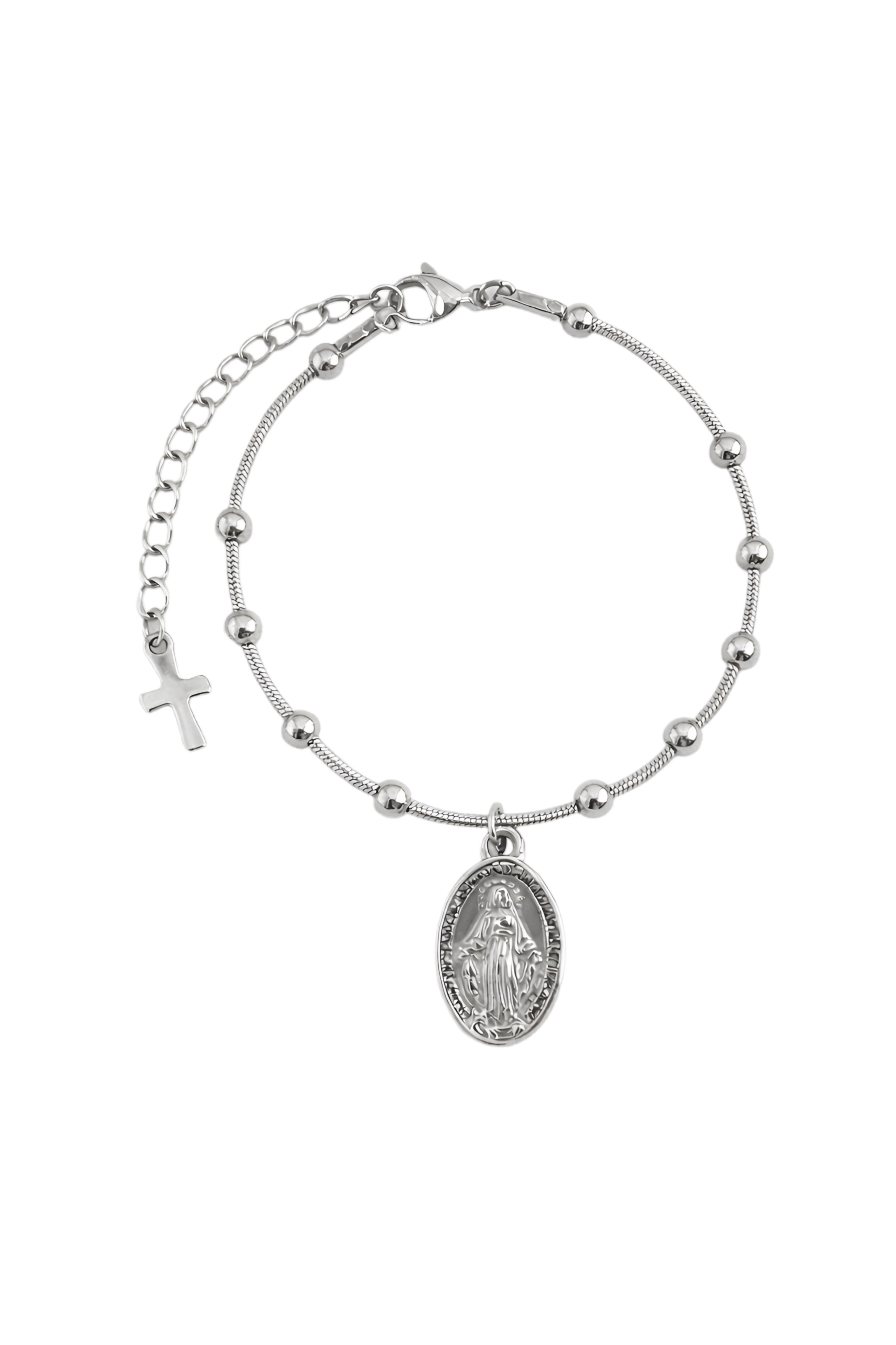 Beaded Virgin Mary medallion bracelet with cross charm