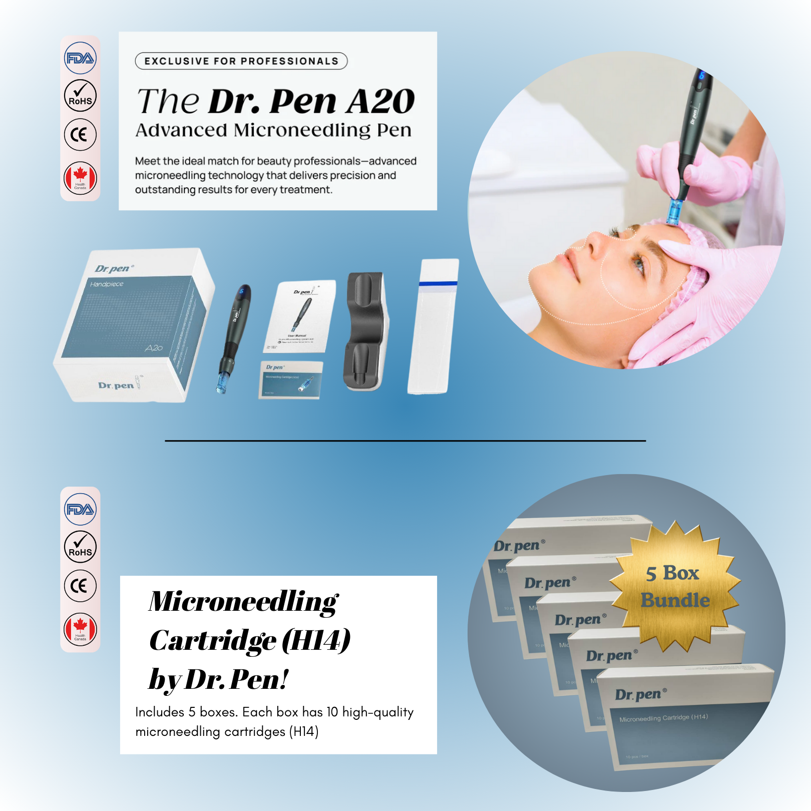 Dr Pen A20 Microneedling Pen + Dr Pen H14 Microneedling Cartridges (5 Boxes)