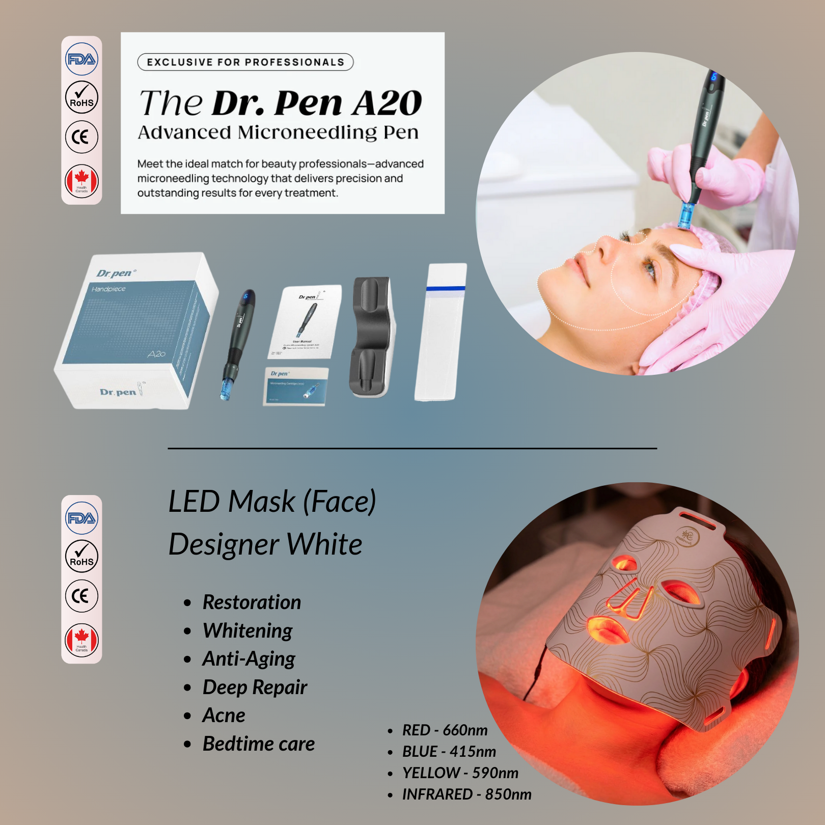 RadianceX LED Light Therapy Mask (Face Only) Designer White + Dr Pen A20 Microneedling Pen