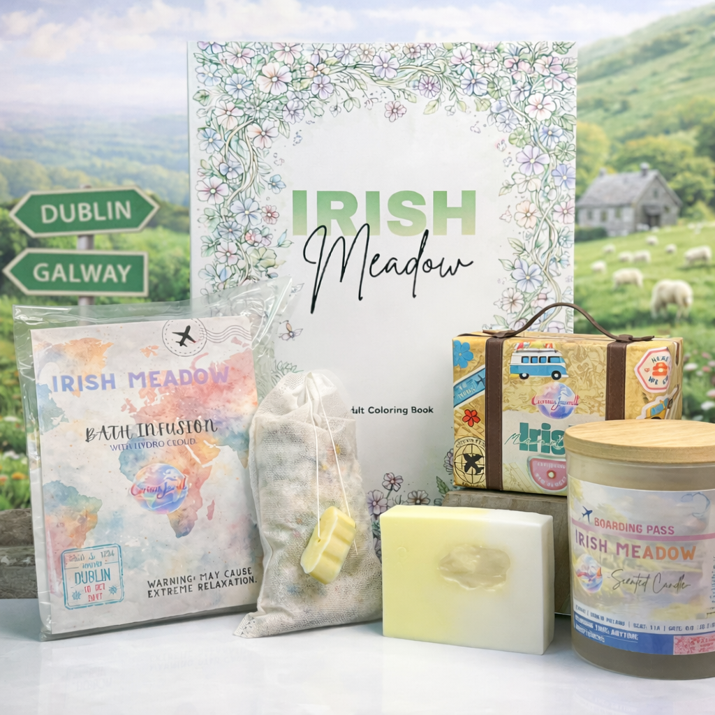 Irish Meadow Bundle | Candle, Coloring Book, Bath Infusion, Destination Bar