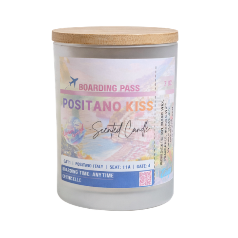 Positano Kiss — 7 oz Soy Blend Wax Candle (Frosted Glass + Bamboo Wood Lid)