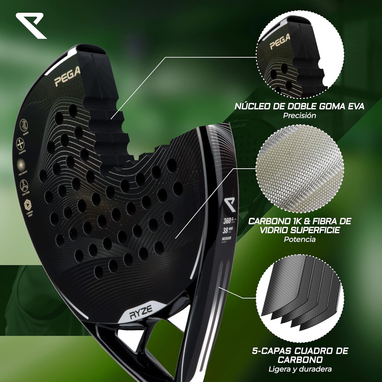 RYZE Pala de Padel 100% Fibra de Carbono 