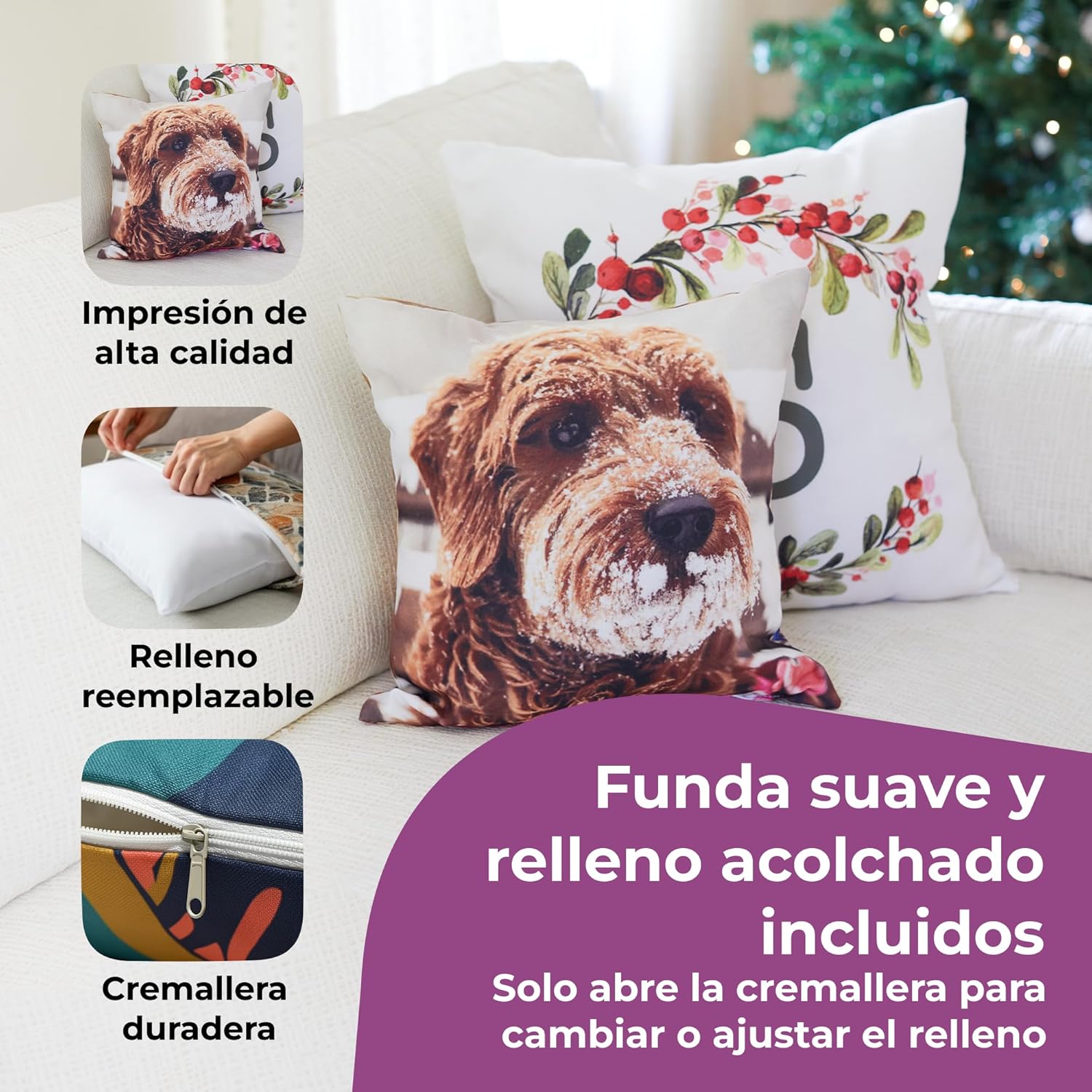 Cojín Personalizado con Foto o Texto, 35,6 × 35,6 cm, Impresión a Doble Cara, Almohada Decorativa para el Hogar