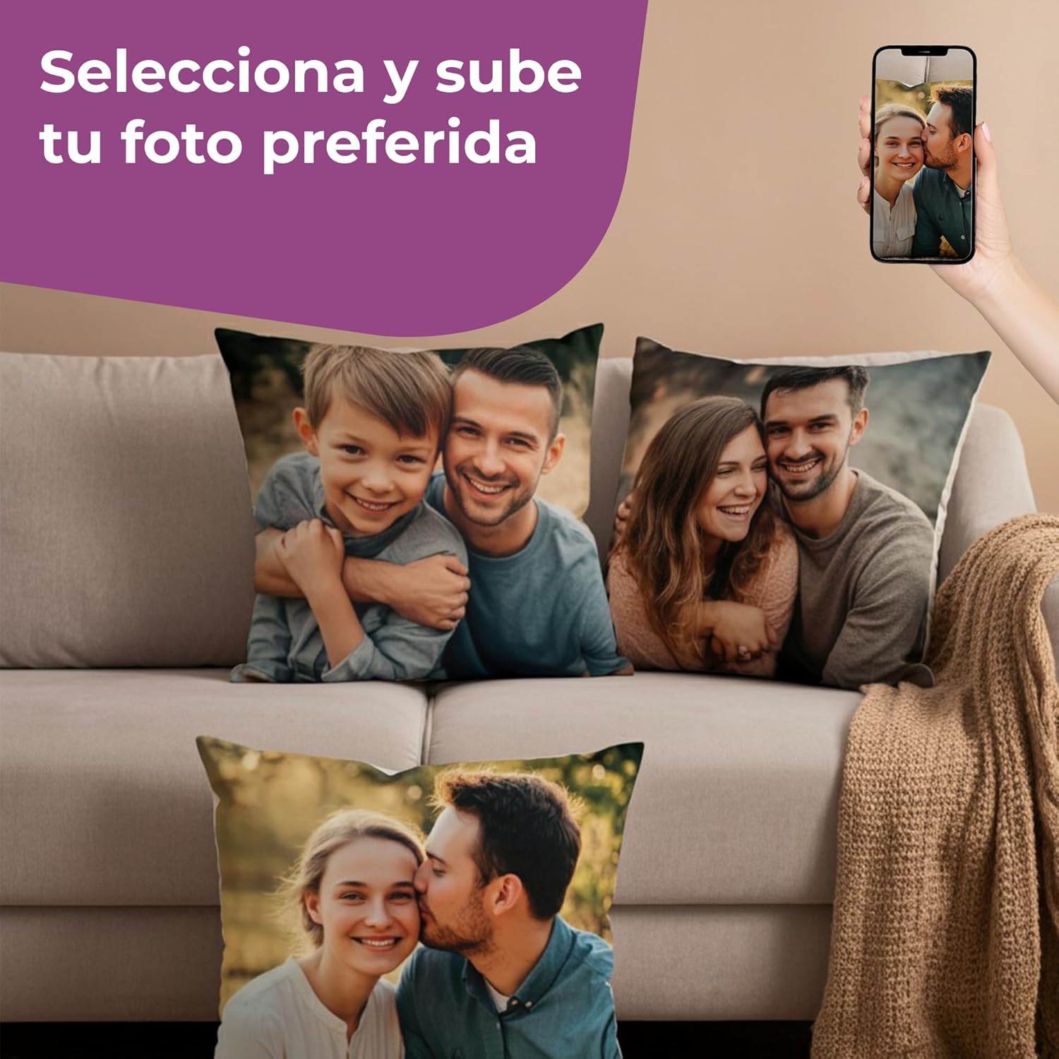 Cojín Personalizado con Foto o Texto, 35,6 × 35,6 cm, Impresión a Doble Cara, Almohada Decorativa para el Hogar