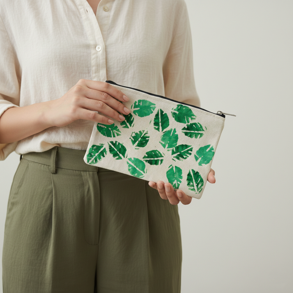 Leaf Print Canvas Pouch